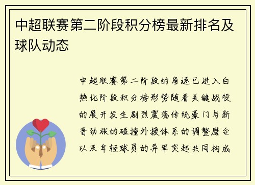 中超联赛第二阶段积分榜最新排名及球队动态